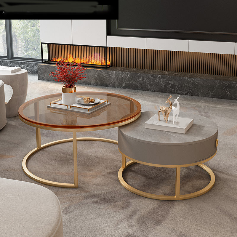 Round Glass Top Coffee Table Contemporary Frame Coffee Cocktail Table with Drawers