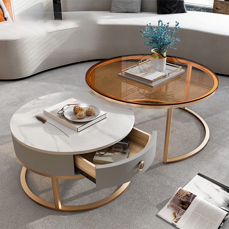 Round Glass Top Coffee Table Contemporary Frame Coffee Cocktail Table with Drawers