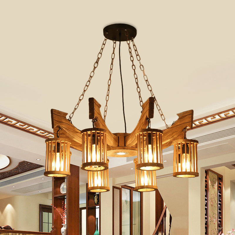 6/8-Head Cylinder Chandelier Lighting Fixture Industrial Brown Wood Hanging Ceiling Light with Anchor Arm