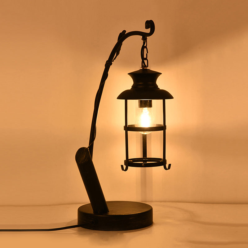 1 Head Cylinder Table Light Farmhouse Bronze Finish Clear Glass Desk Lighting with Metal Curved Arm