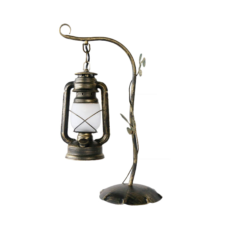 Kerosene Frosted Glass Table Lighting Warehouse 1 Light Bedroom Desk Lamp in Brass with Metal Branch Arm