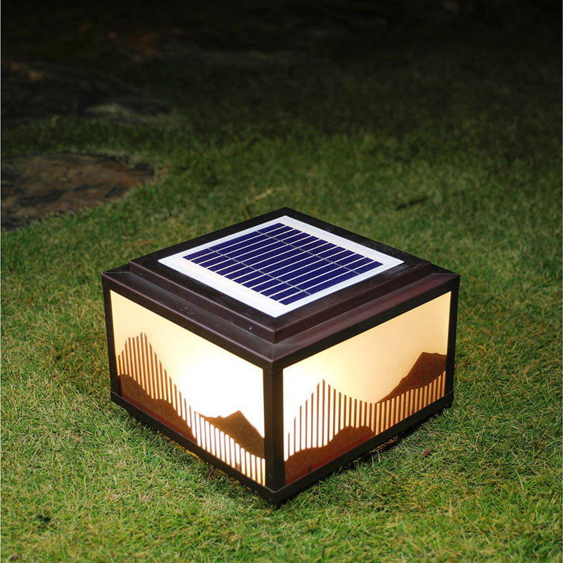Rectangle Shape Metal Outdoor Light Modern 1 Light Solar Pillar Lamp in Brown