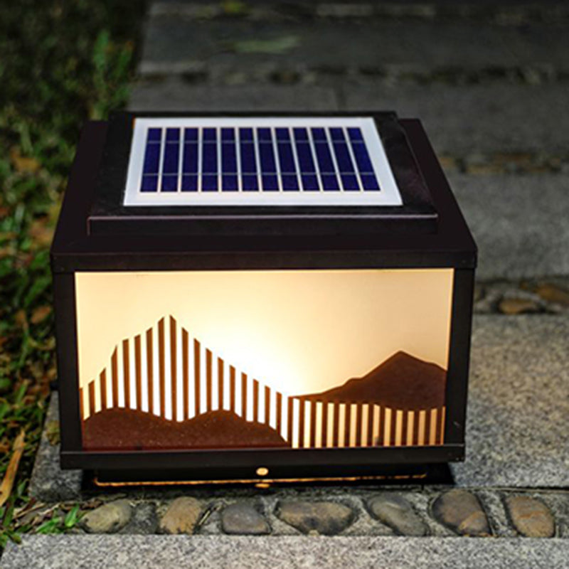 Rectangle Shape Metal Outdoor Light Modern 1 Light Solar Pillar Lamp in Brown