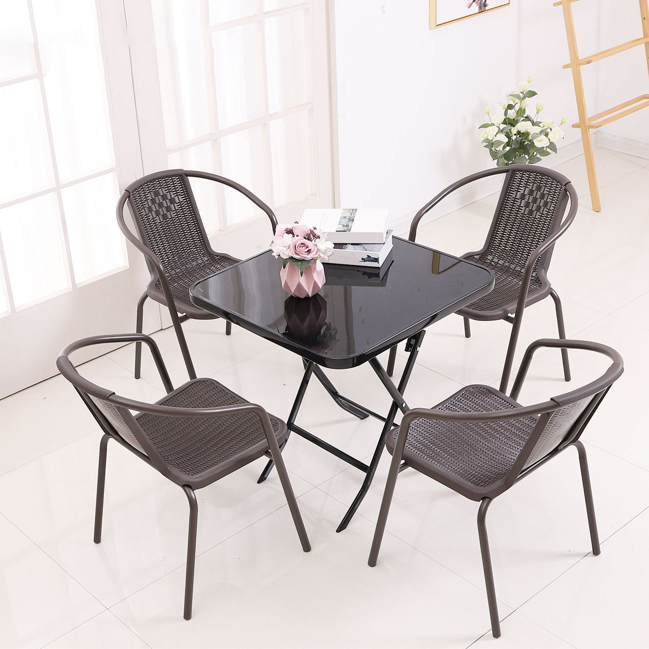 Glass Patio Table Industrial Scratch Resistant Dining Table with Black Base