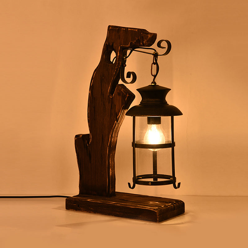 Helderglazen zwarte tafellamp Lantaarn 1-kops bureaulamp in industriële stijl met houten voet