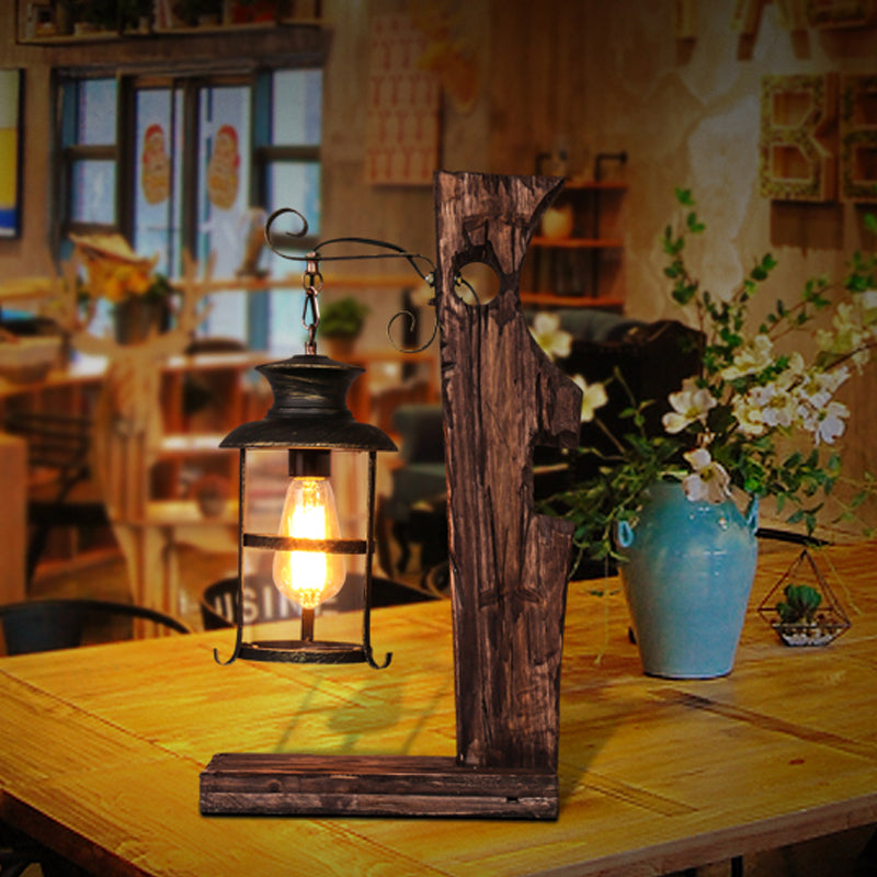 Helderglazen zwarte tafellamp Lantaarn 1-kops bureaulamp in industriële stijl met houten voet