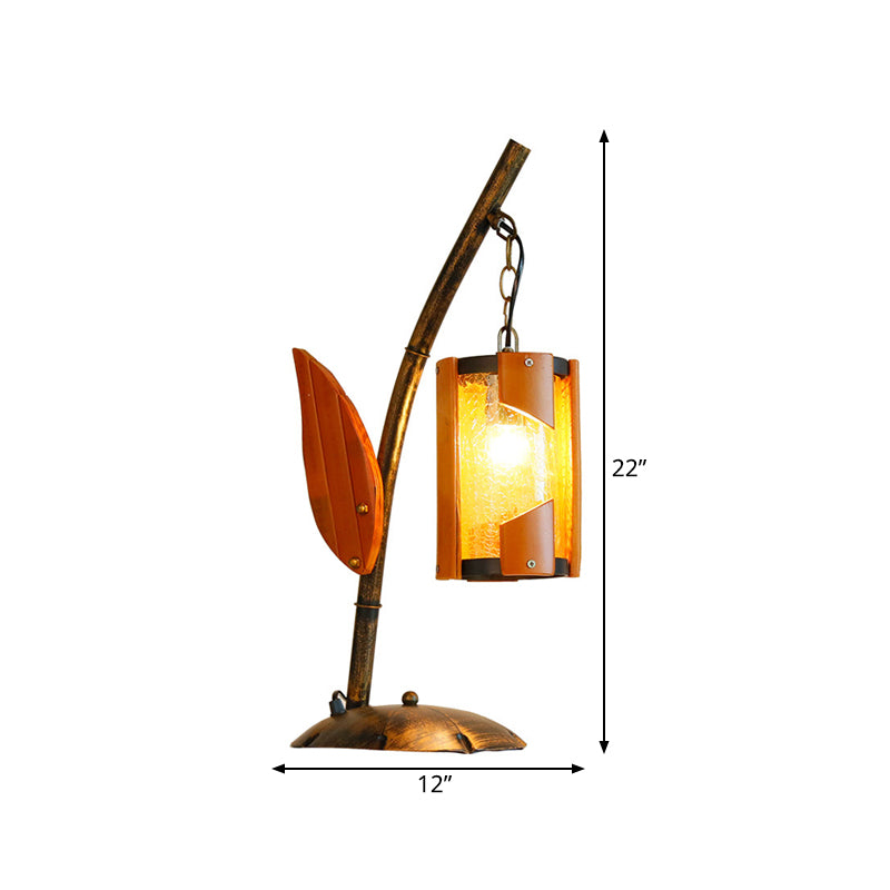 Cylinder Yellow Crackle Glass Desk Lighting Farm Style 1-Light Bedroom Table Light in Brass with Wood Leaf Deco