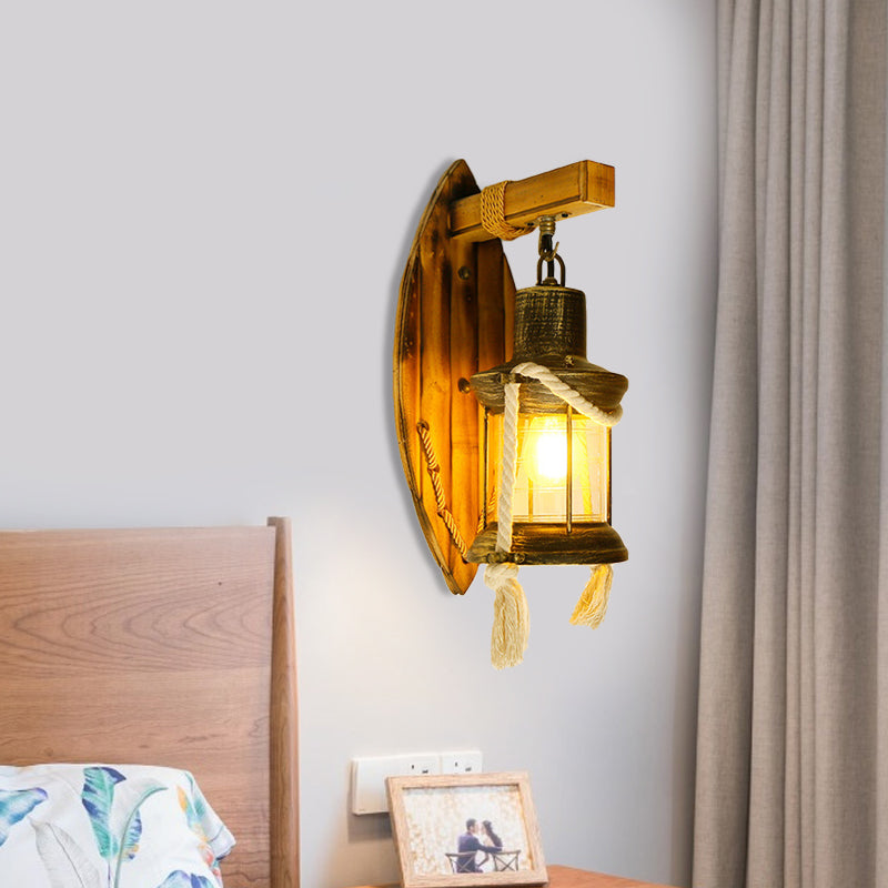 Brass Kerosene Wall Mount Lamp Vintage Clear Glass 1-Light Bedroom Sconce Lighting with Oval Bamboo Backplate