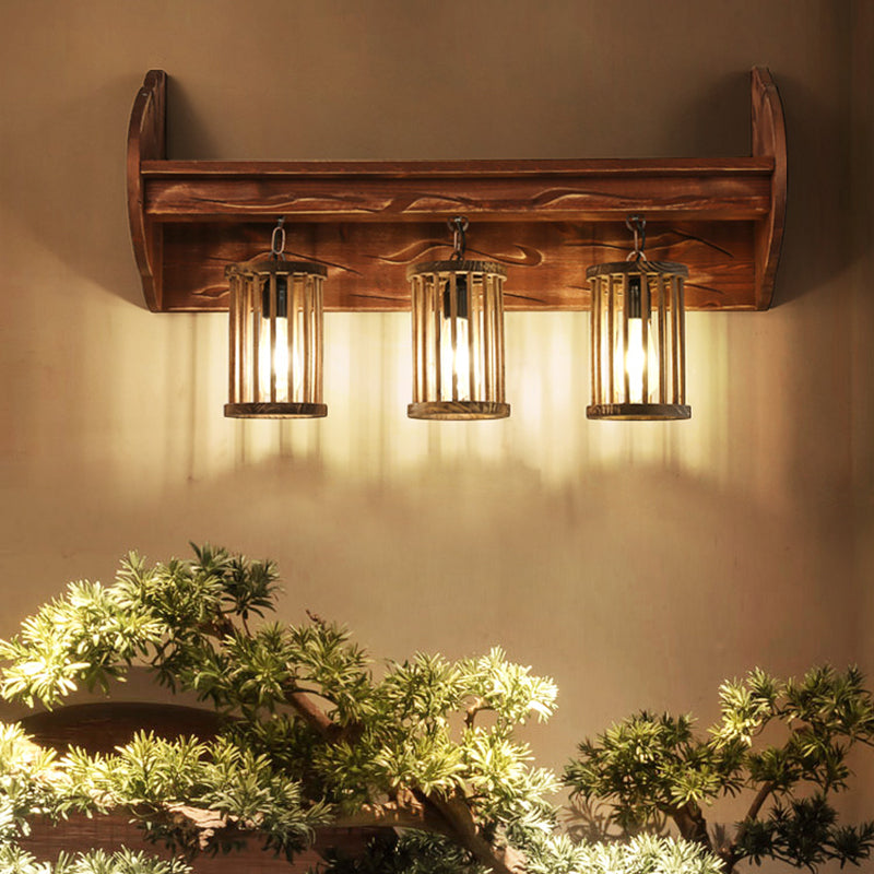 Cylinder Bedroom Wall Mount Light Factory Style Wood 3-Head Brown Wall Sconce Lighting