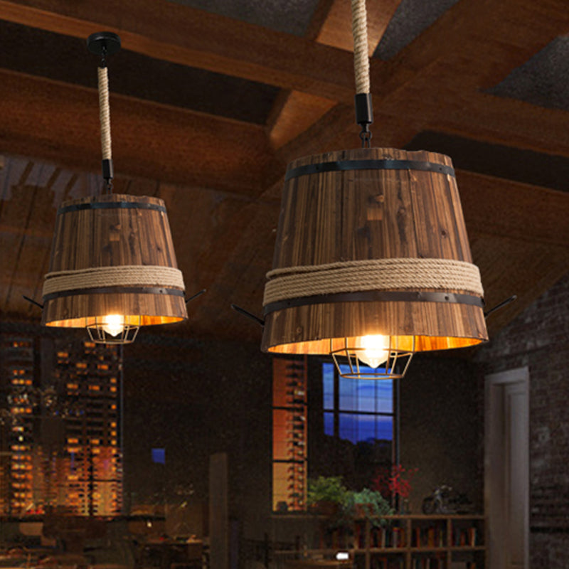 1 Light Pendant Light Fixture Farmhouse Bucket Shade Wood Suspension Lamp with Rope Rod