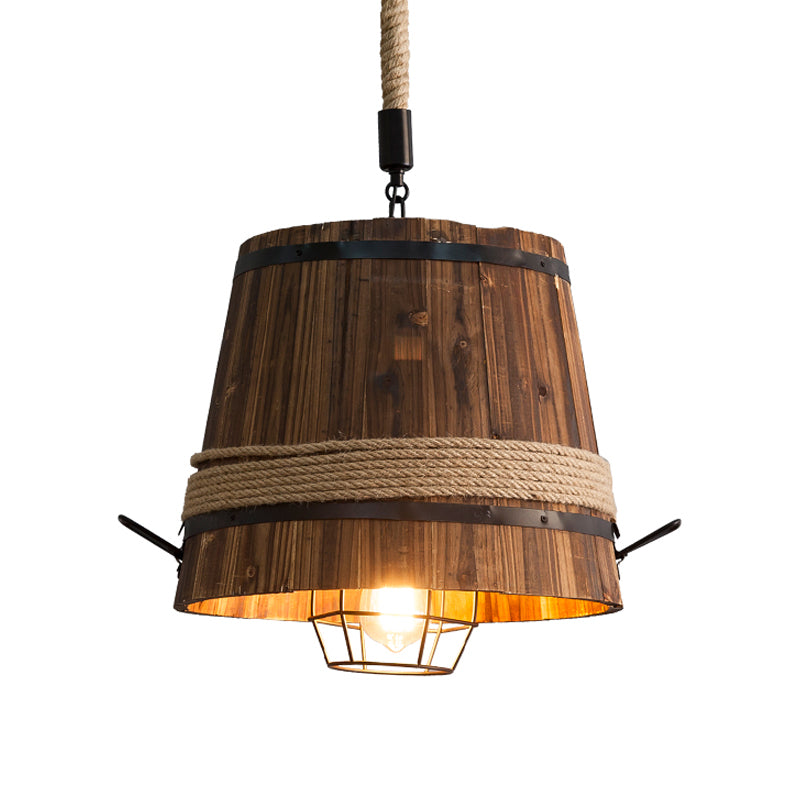 1 Light Pendant Light Fixture Farmhouse Bucket Shade Wood Suspension Lamp with Rope Rod