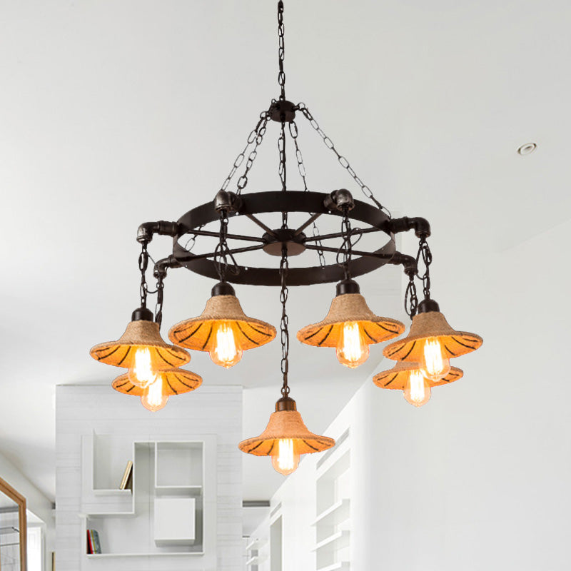 Warehouse Wheel Chandelier Light 7/9 Heads Metal Hanging Lamp Kit in Beige with Flared Rope Shade