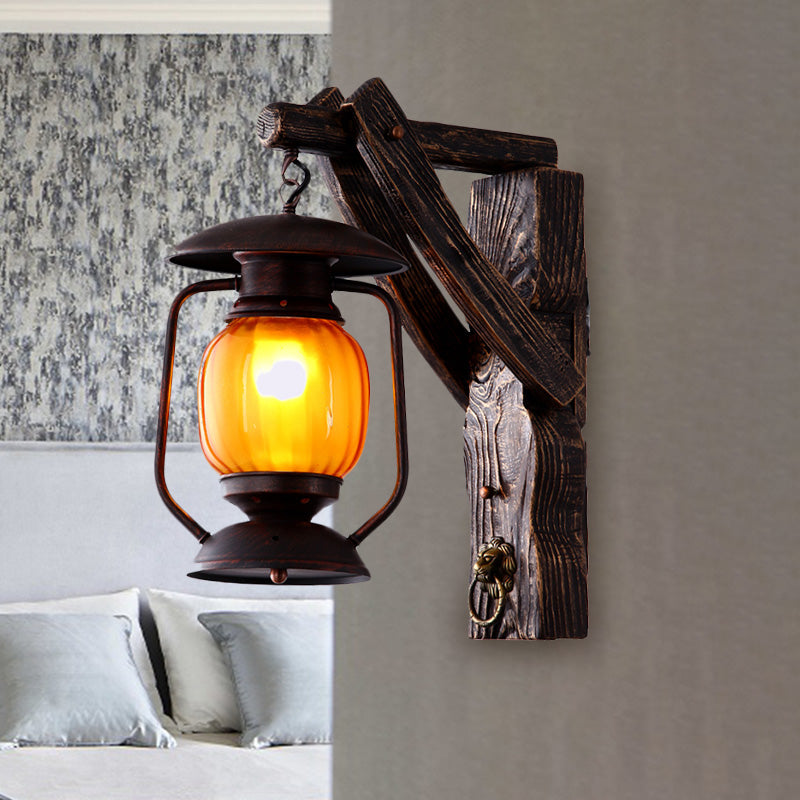 Amber Glass Lantern Wall Light Sconce Warehouse 1 Head Bedroom Wall Mount Lamp in Black with Wood Backplate