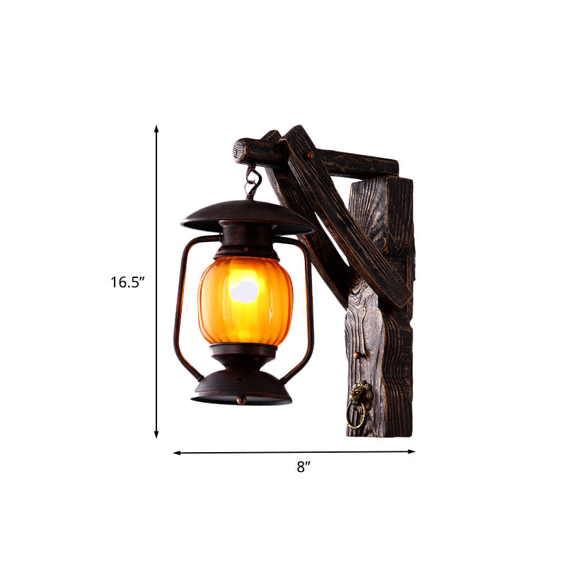 Amber Glass Lantern Wall Light Sconce Warehouse 1 Head Bedroom Wall Mount Lamp in Black with Wood Backplate
