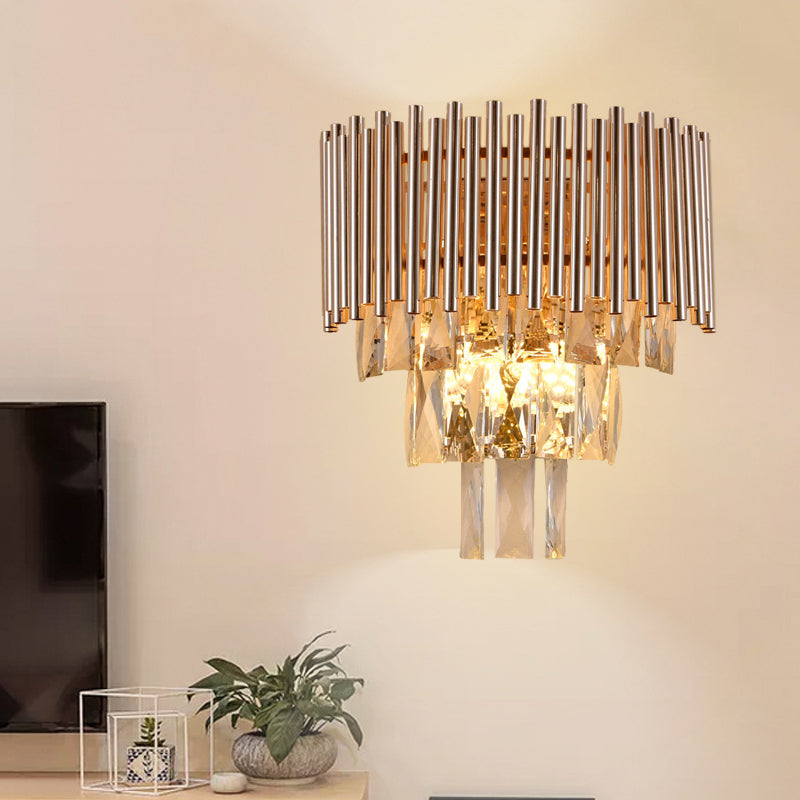 Gold Finish Tiered Sconce Lighting Contemporary 3 Bulbs Crystal Wall Mount Lamp Fixture