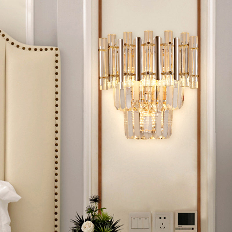 Gold Finish Tiered Sconce Lighting Contemporary 3 Bulbs Crystal Wall Mount Lamp Fixture