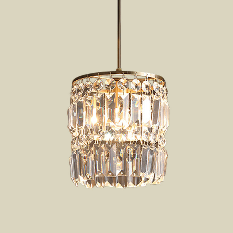 Crystal Cylindrical Pendant Light Fixture Modernist 1-Head Ceiling Suspension Lamp in Brass