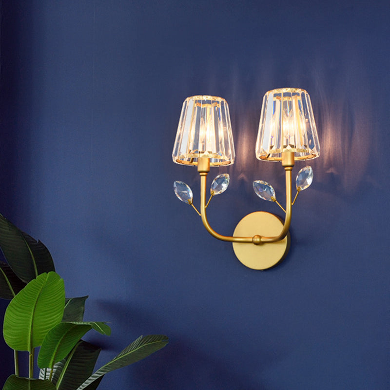 Brass Finish Tapered Wall Lighting Minimalist 1/2-Light Crystal Wall Sconce Lamp with Curved Arm