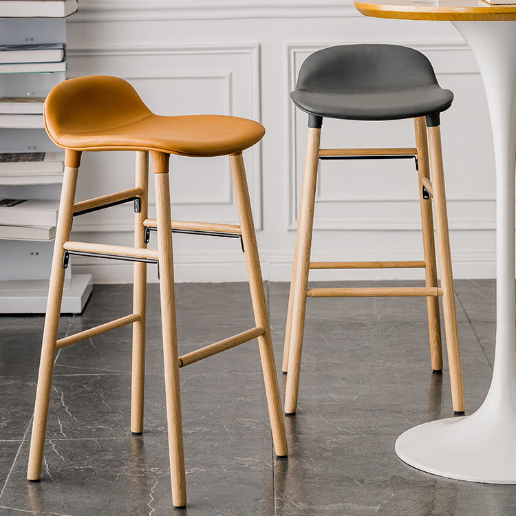 Faux Leather Counter Stool Modern Style Low Back Barstool with Solid Wood Legs