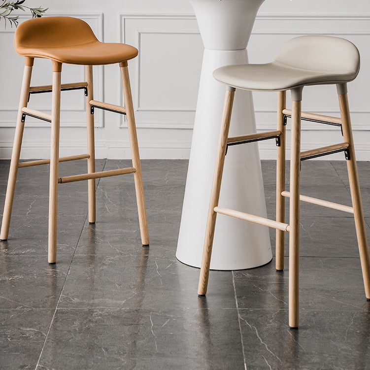 Faux Leather Counter Stool Modern Style Low Back Barstool with Solid Wood Legs