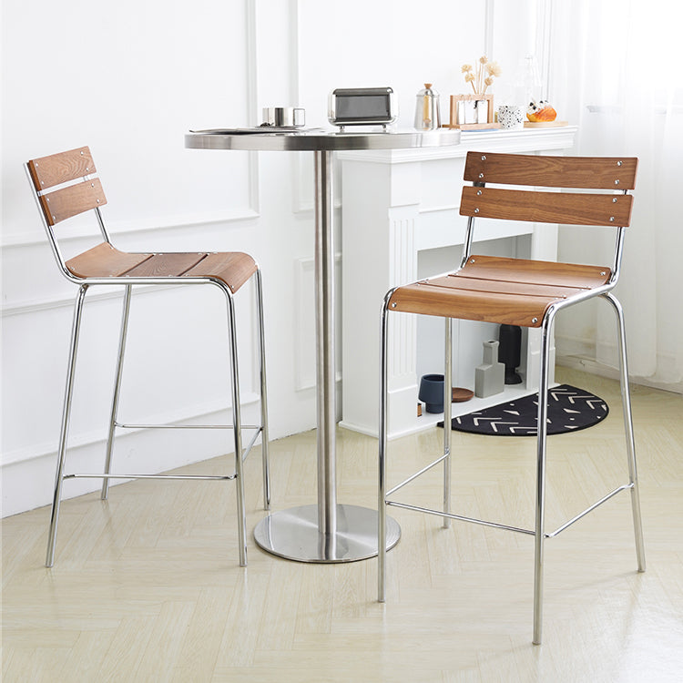 Modern Armless Backrest Counter Stool Iron Bar Stool with Wooden Seat and Pedal for Cafe