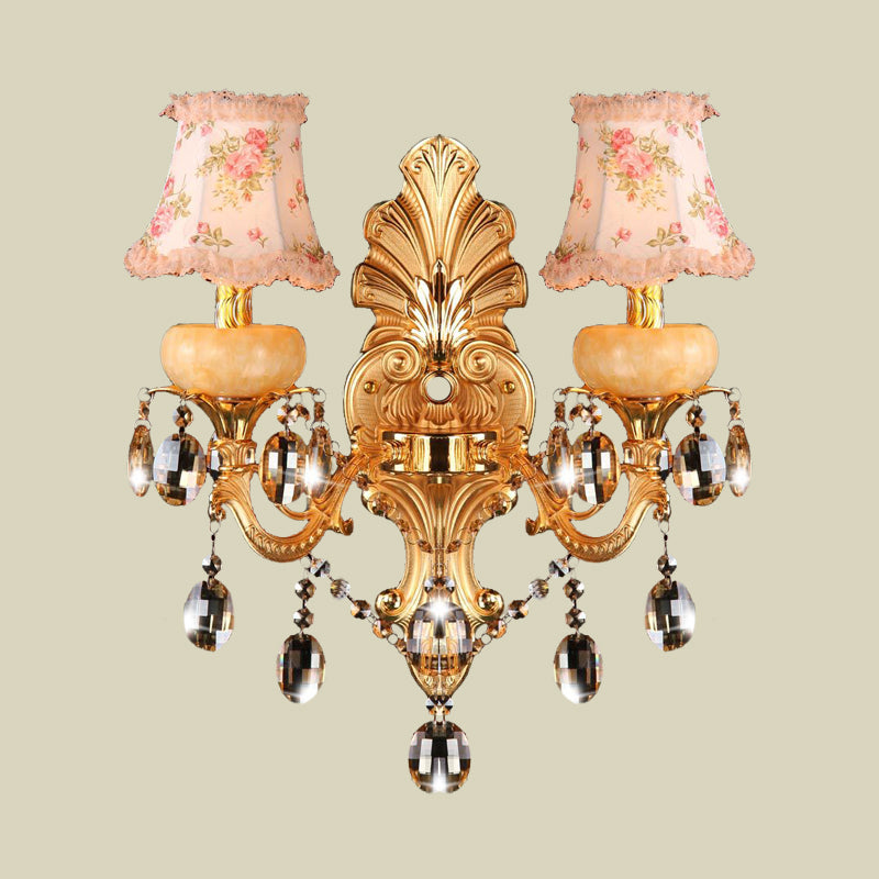 Double Arm Sconce Light Fixture Traditionalist Metal 2 Lights Gold Wall Mount Lamp with Crystal Drop and Fabric Shade