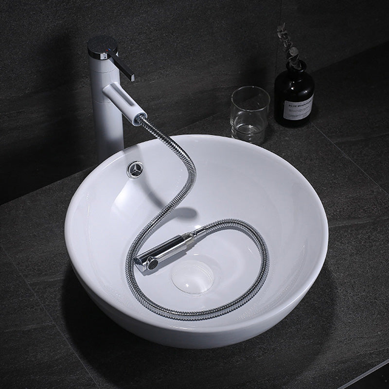 Modern Bathroom Sink with Pop-Up Drain Porcelain Round Vessel Lavatory Sink