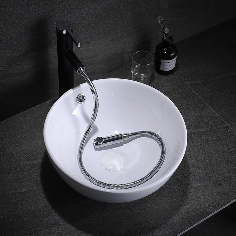 Modern Bathroom Sink with Pop-Up Drain Porcelain Round Vessel Lavatory Sink