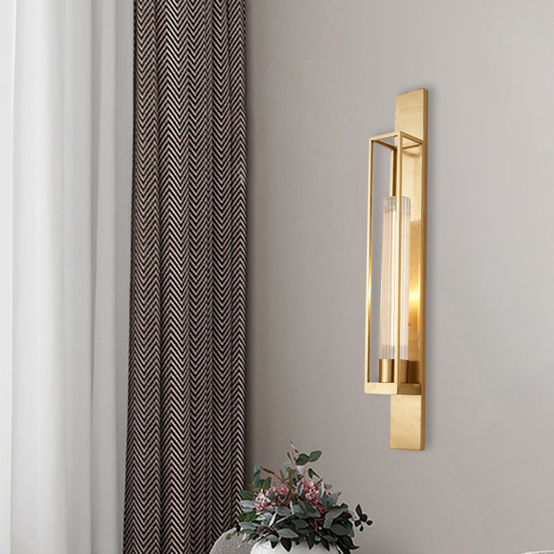 Post Modern Linear Sconce Lighting Metal 1-Head Corner Wall Mount Lamp in Gold with Tube Ribbed Glass Shade