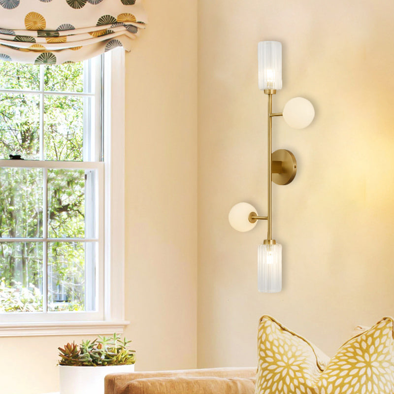 Metal Pencil Arm Wall Mounted Lamp Modernism 4-Light Gold Finish Wall Light Fixture with Cylinder and Orb Glass Shade