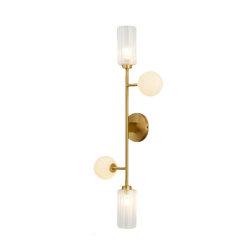 Metal Pencil Arm Wall Mounted Lamp Modernism 4-Light Gold Finish Wall Light Fixture with Cylinder and Orb Glass Shade