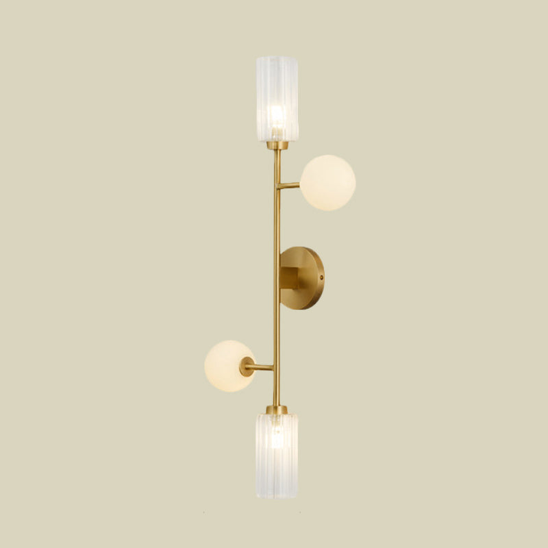 Metal Pencil Arm Wall Mounted Lamp Modernism 4-Light Gold Finish Wall Light Fixture with Cylinder and Orb Glass Shade