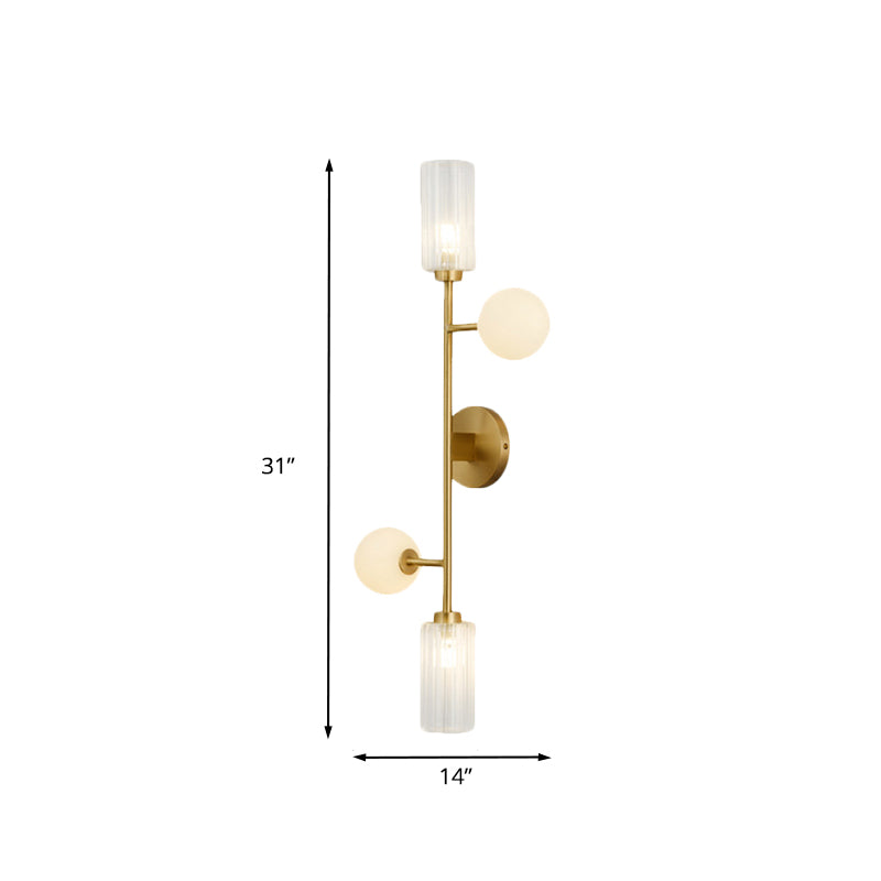 Metal Pencil Arm Wall Mounted Lamp Modernism 4-Light Gold Finish Wall Light Fixture with Cylinder and Orb Glass Shade