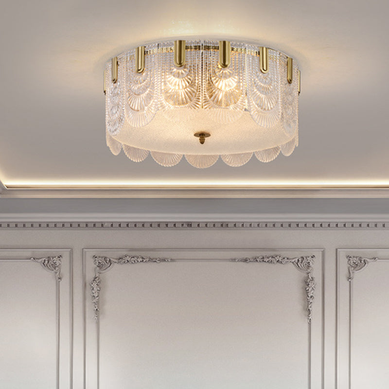 Traditionalist Drum Flushmount Lighting Prismatic Glass 6 Heads Bedroom Ceiling Mounted Fixture in Brass