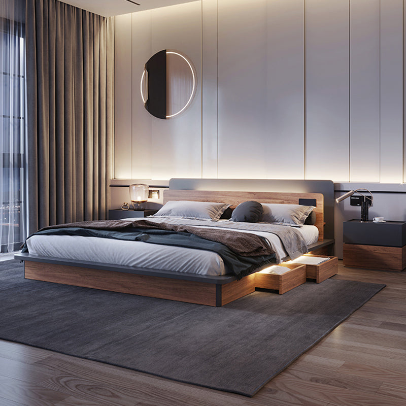 Contemporary Standard Bed Wood Lift Up Storage Panel Bed with Headboard