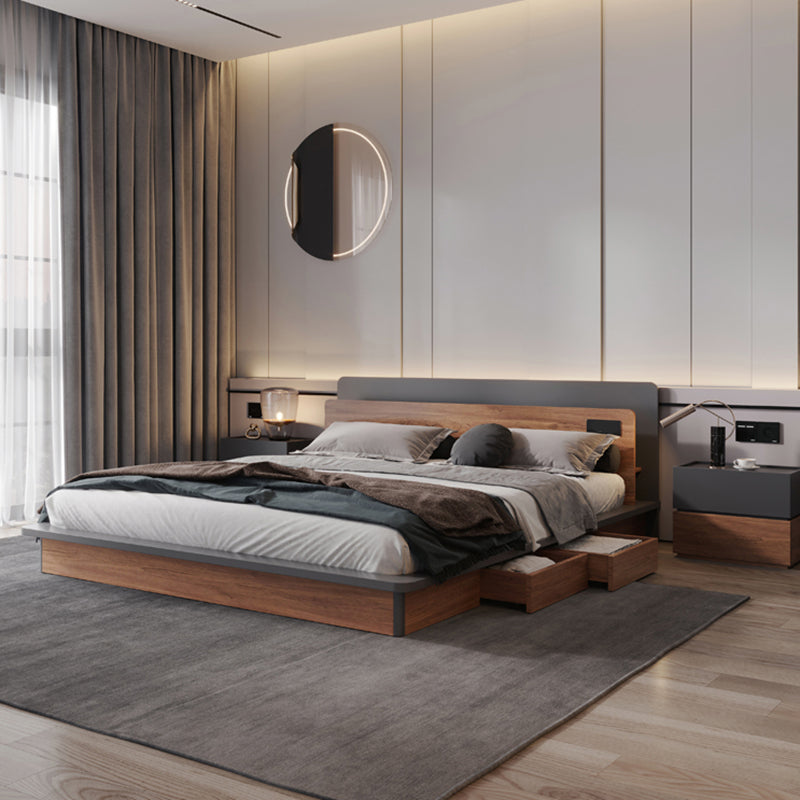 Contemporary Standard Bed Wood Lift Up Storage Panel Bed with Headboard