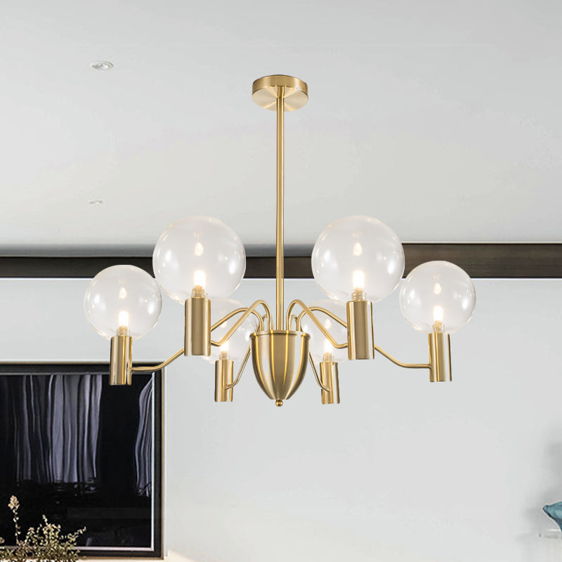 Postmodern 6-Light Hanging Chandelier Gold Finish Spherical Suspension Pendant with Clear Glass Shade