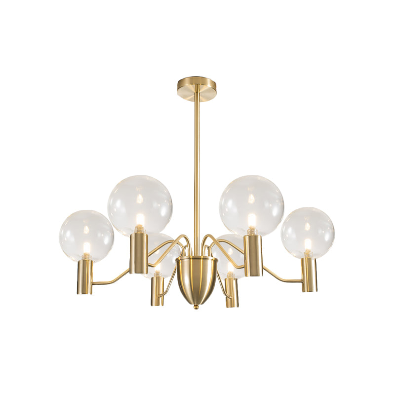 Postmodern 6-Light Hanging Chandelier Gold Finish Spherical Suspension Pendant with Clear Glass Shade