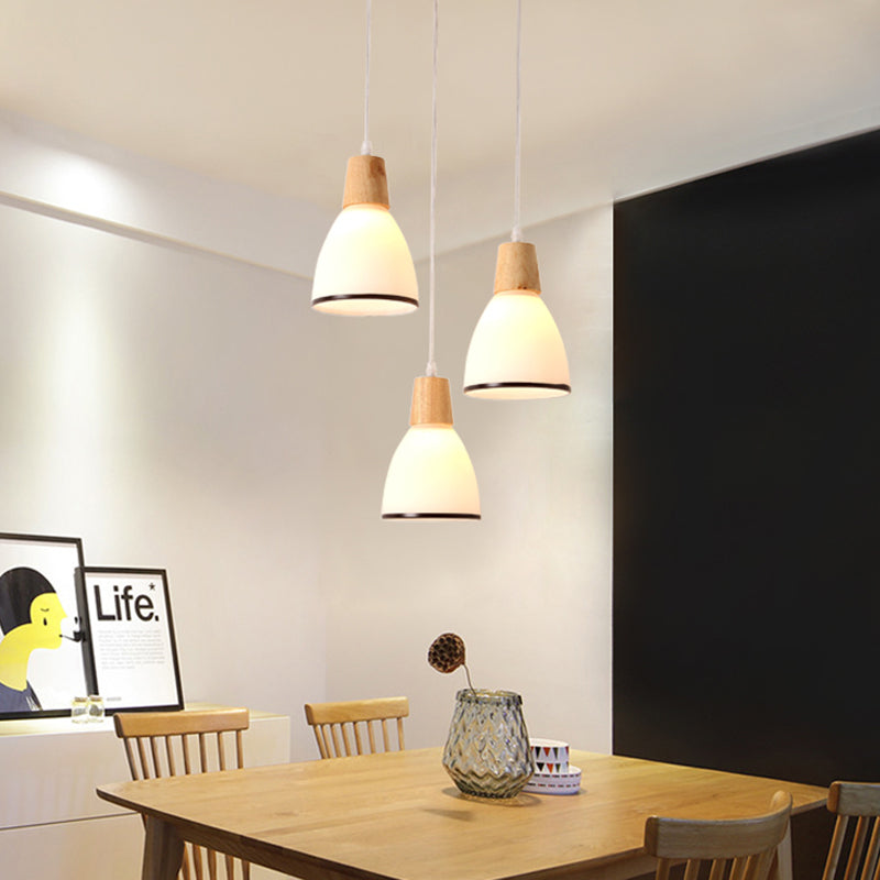 Wood Bell Multi Light Pendant Japanese 3 Heads White Glass Ceiling Suspension Lamp over Table