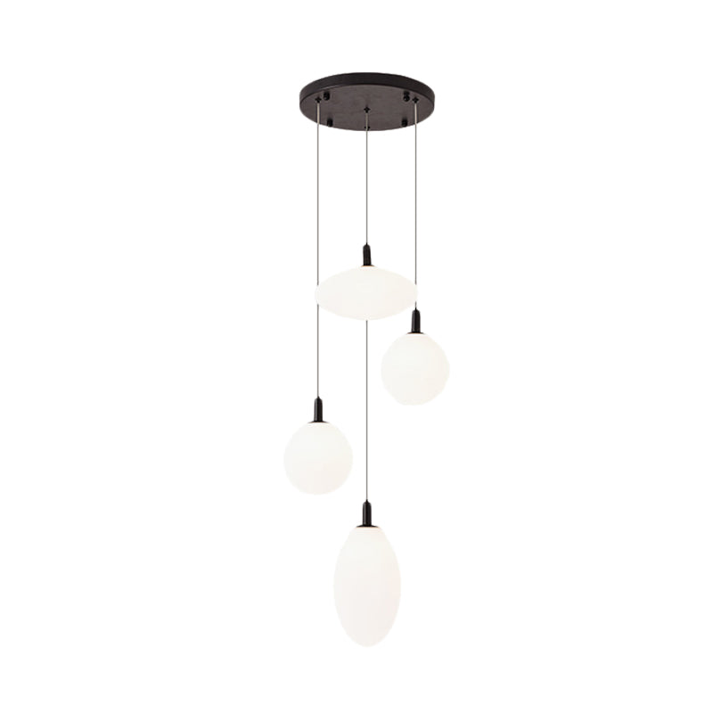Gold/Black Ball and Oval Cluster Pendant Minimalism 4 Lights Cream Glass Hanging Lamp with Round Canopy