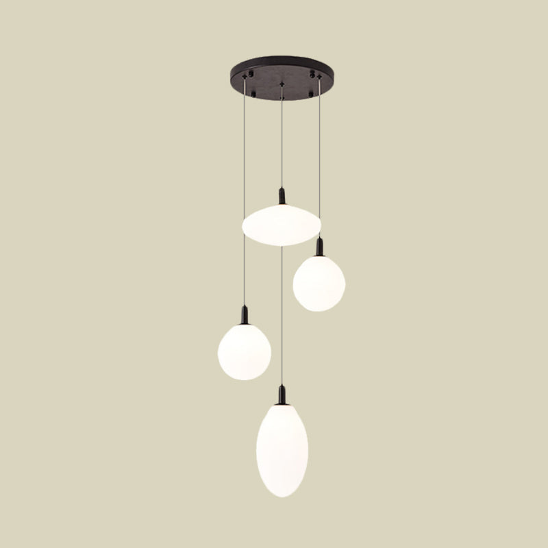 Gold/Black Ball and Oval Cluster Pendant Minimalism 4 Lights Cream Glass Hanging Lamp with Round Canopy