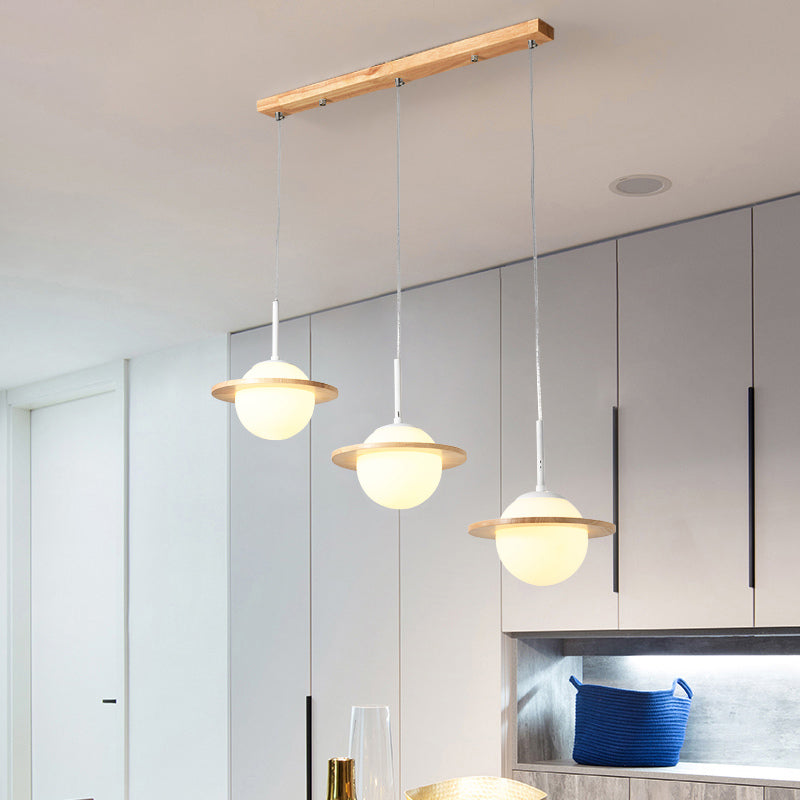Modern Globe Multi Light hanger Opal Glass 3 koppen eetkamer plafondlamp met ring houten details