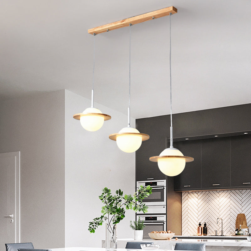 Modern Globe Multi Light hanger Opal Glass 3 koppen eetkamer plafondlamp met ring houten details