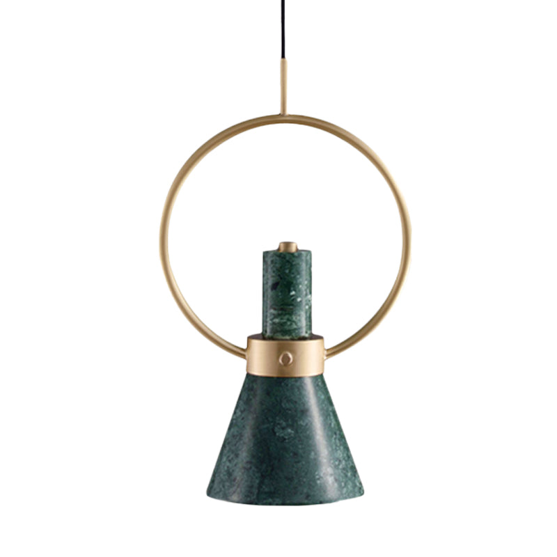 Marble Flared Pendant Light Nordic 1 Bulb Hanging Ceiling Lamp in Green with Gold Ring
