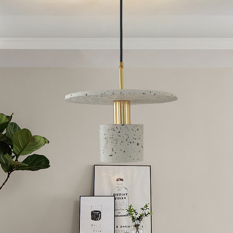 Round Plate and Cylinder Hanging Light Nordic Terrazzo 1-Light Coffee House Pendant Lamp in White/Black/Pink