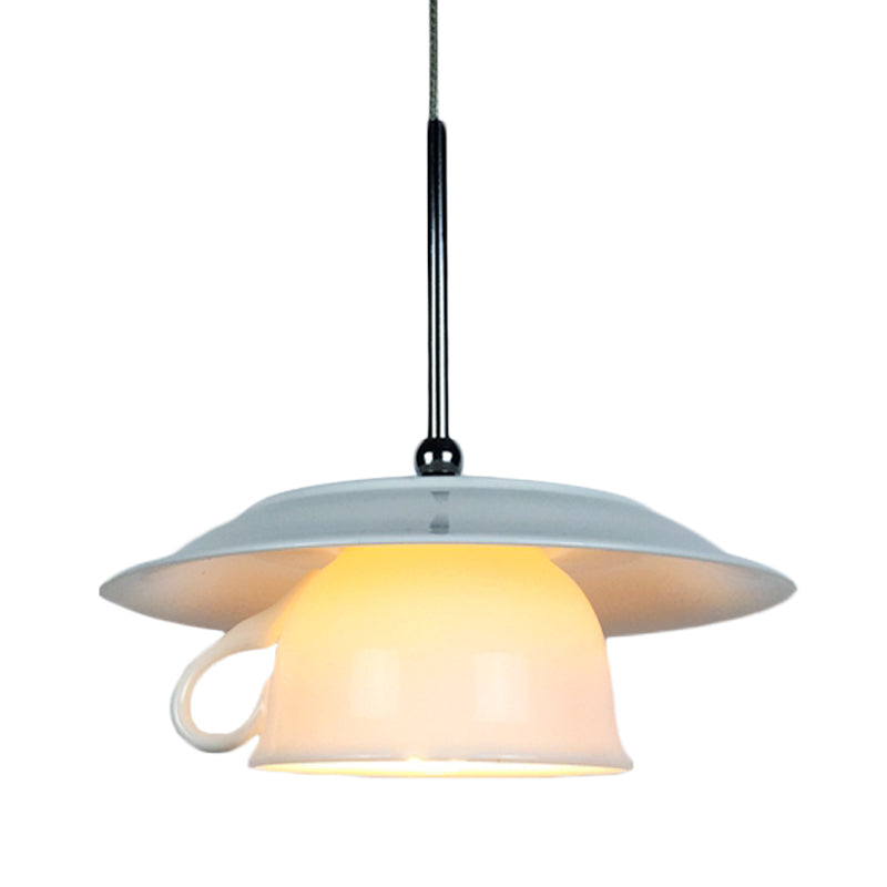 Ceramics Coffee Cup Hanging Light Kit Nordic 1-Head White Drop Pendant Lamp with Light Green Plate Top
