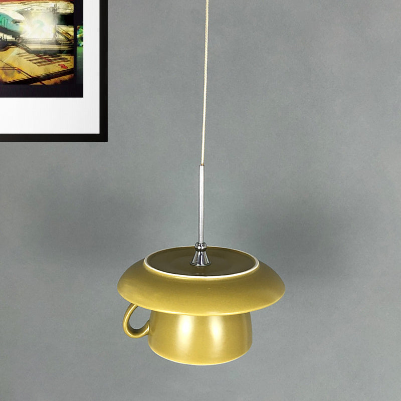 1-Light Restaurant Hanging Lighting Macaron Pink/Grey/Green LED Drop Pendant Lamp with Coffee Cup Ceramics Shade