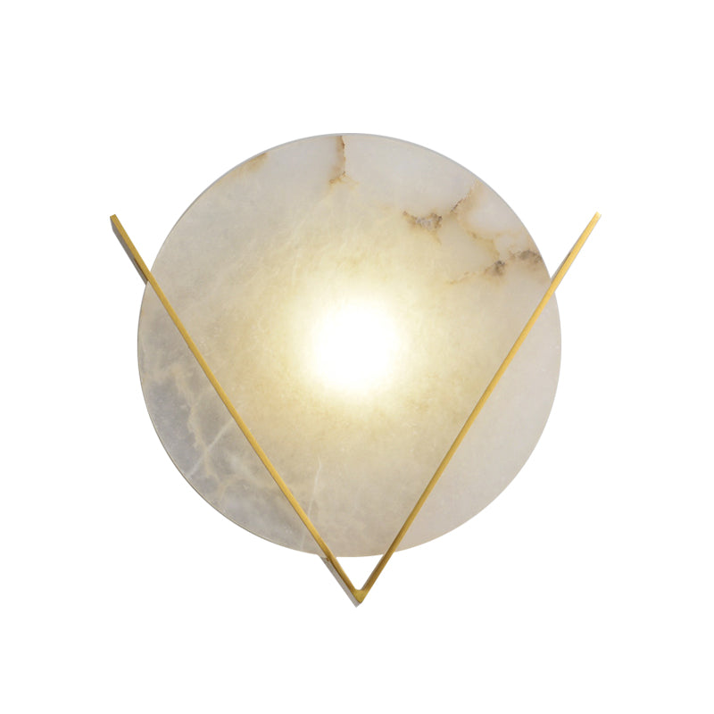 Post-Modern Round Panel Wall Light Sconce Marble 1 Head Bedside Wall Mounted Lamp Fixture with Brass V Deco