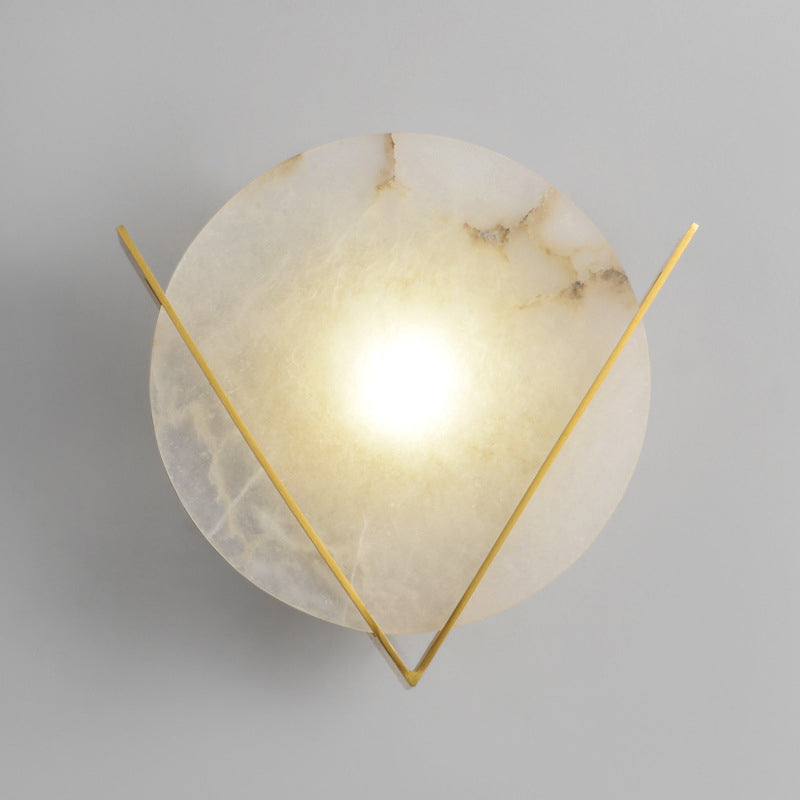 Post-Modern Round Panel Wall Light Sconce Marble 1 Head Bedside Wall Mounted Lamp Fixture with Brass V Deco
