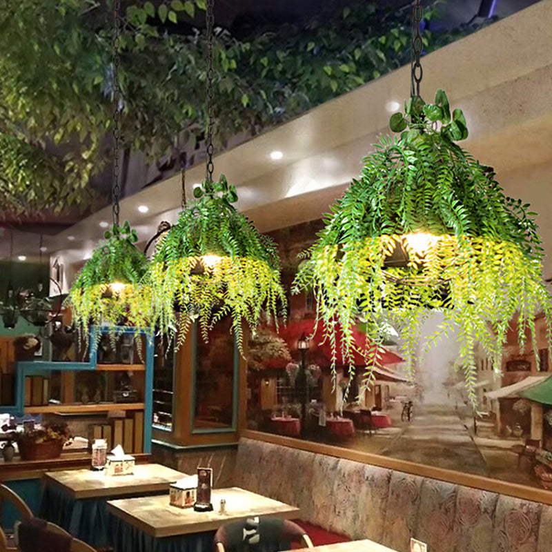 Factory Wire Guard Drop Pendant 1 Light Iron Hanging Ceiling Light in Black with Artificial Green Plant